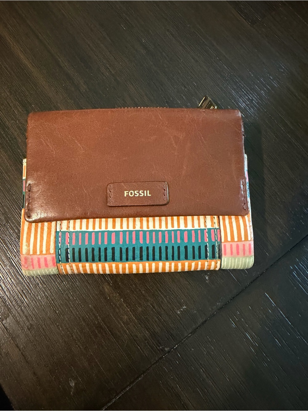 Fossil Brown Leather Wallet with Multicolor Stripe Accents